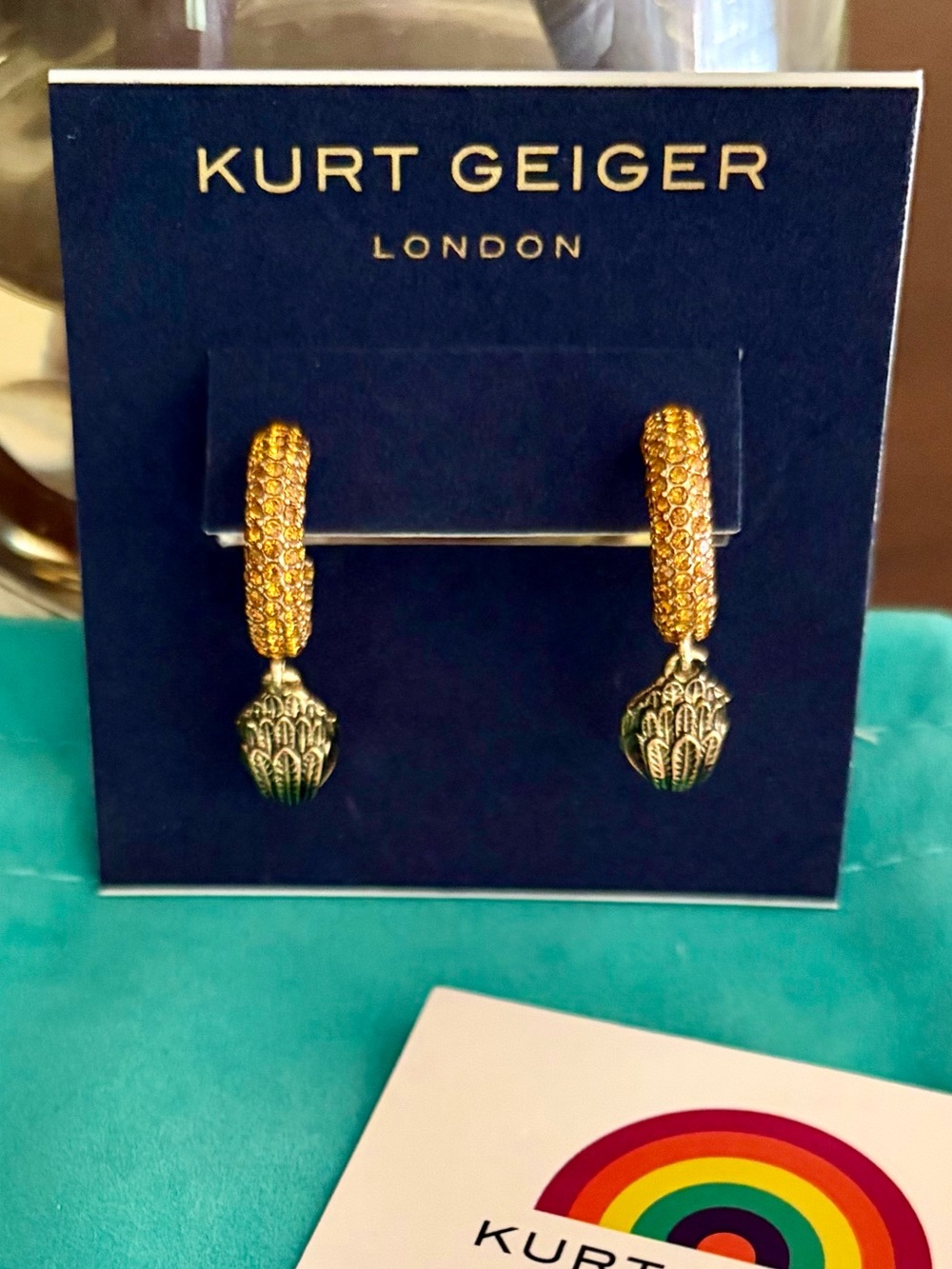 NWT Kurt Geiger, London, Pave Huggies  hoop charm earrings with pouch